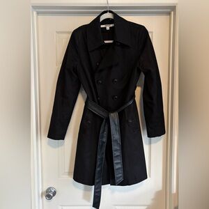 DKNY black Double-breasted Trench Coat with faux leather tie belt M